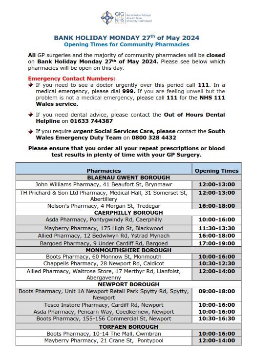 pharmacy opening hours Late May bank holiday