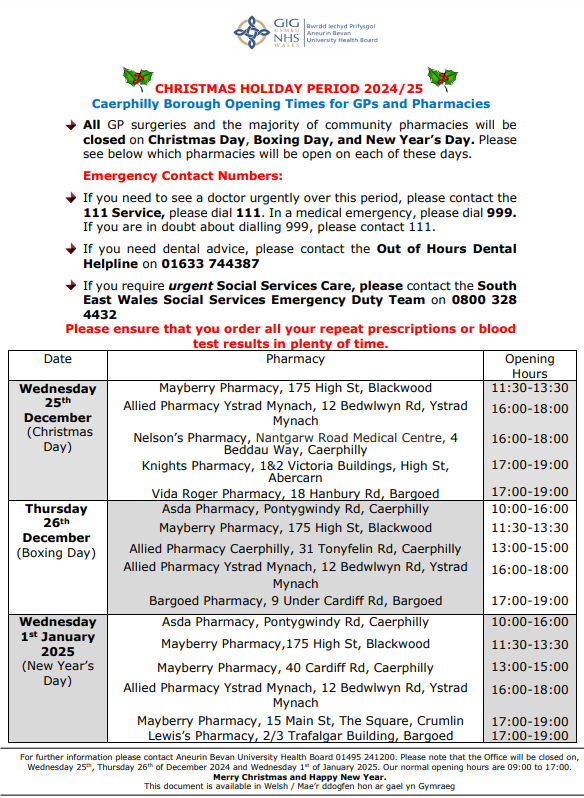 Local pharmacy Christmas and New year 2024/2025 opening hours