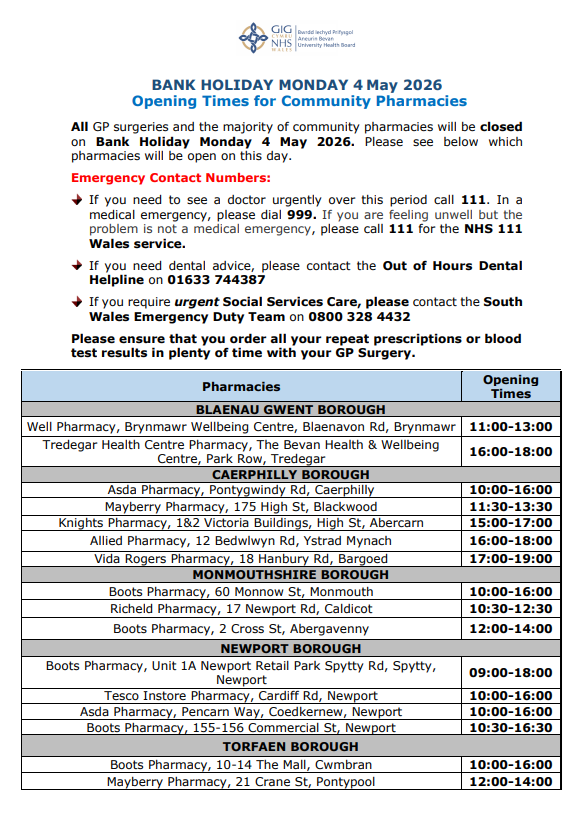 Bank holiday May 2026 local pharmacy opening hours